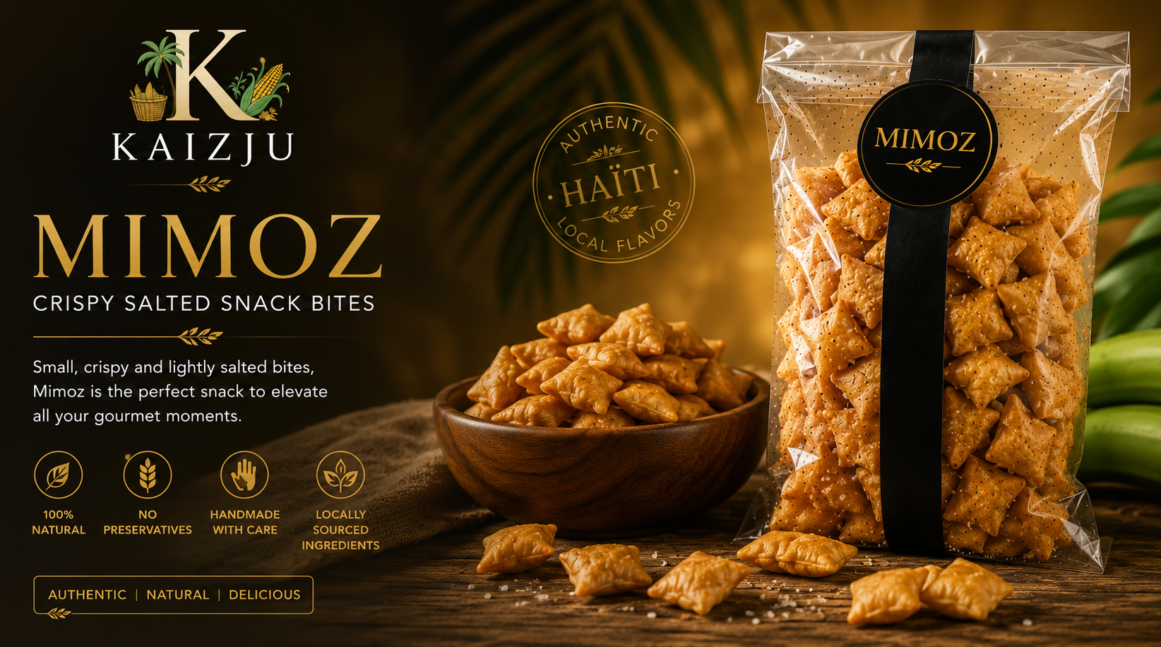 A packaged snack product on a dark rustic background. The main subject is a clear plastic bag of MIMOZ crispy salted snack bites with a black ribbon label, shown alongside a wooden bowl filled with the snack pieces and a few pieces scattered in front.